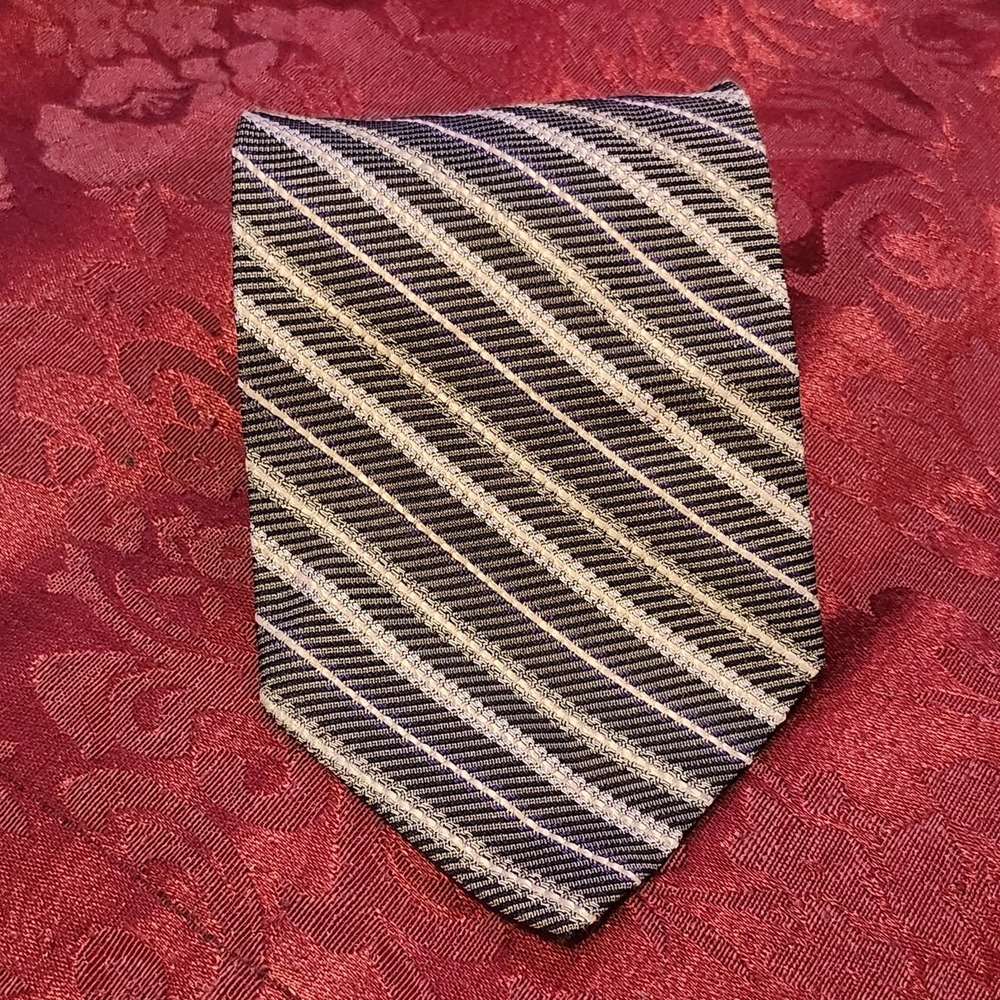Pavone Black Gold Geometric 100% Silk Repp Tie Made In Italy Mens Designer Tie